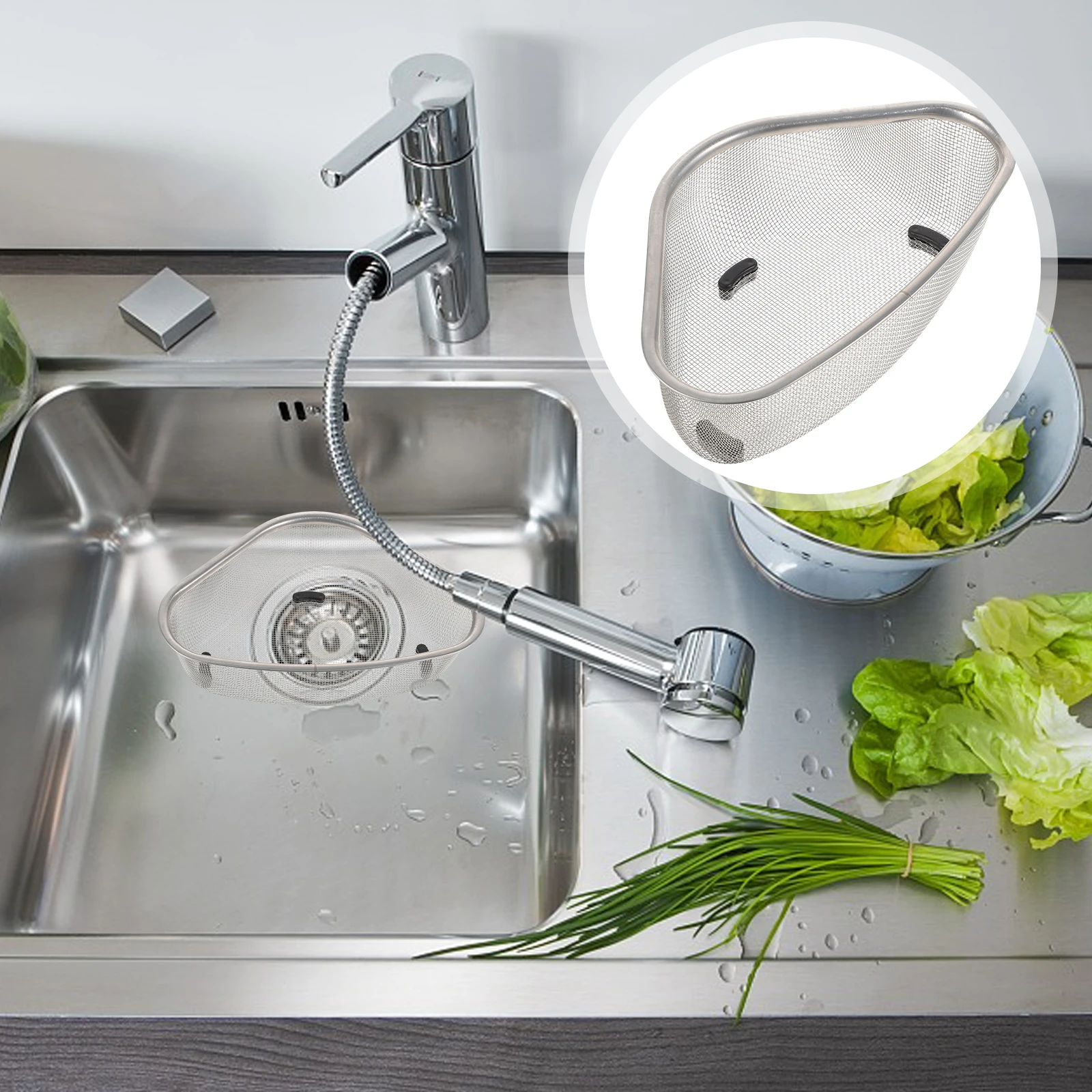 

Kitchen Sink Drain Basket Stainless Steel Triangle Strainer Fruit Vegetable Storage No Space Occupation Drain Basket