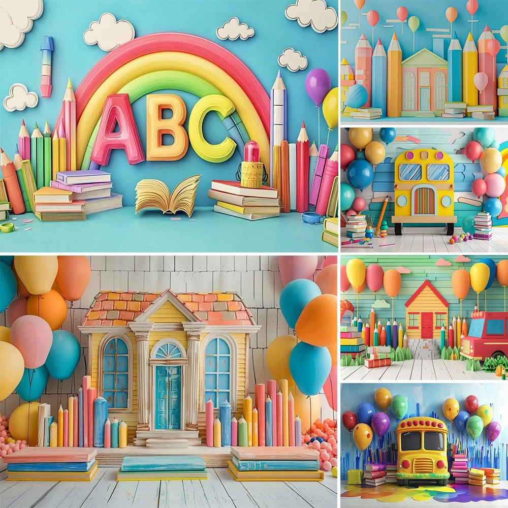 

Mocsicka Photography Background Back To School Bus Pencil Book Decoration Baby Shower Cake Smash Backdrop Studio Props Banner