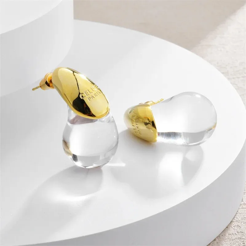 أقراط عصرية على شكل قطرة الماء للنساء، مجوهرات ذهبية مطلية بالنحاس، إكسسوارات شفافة للحفلات