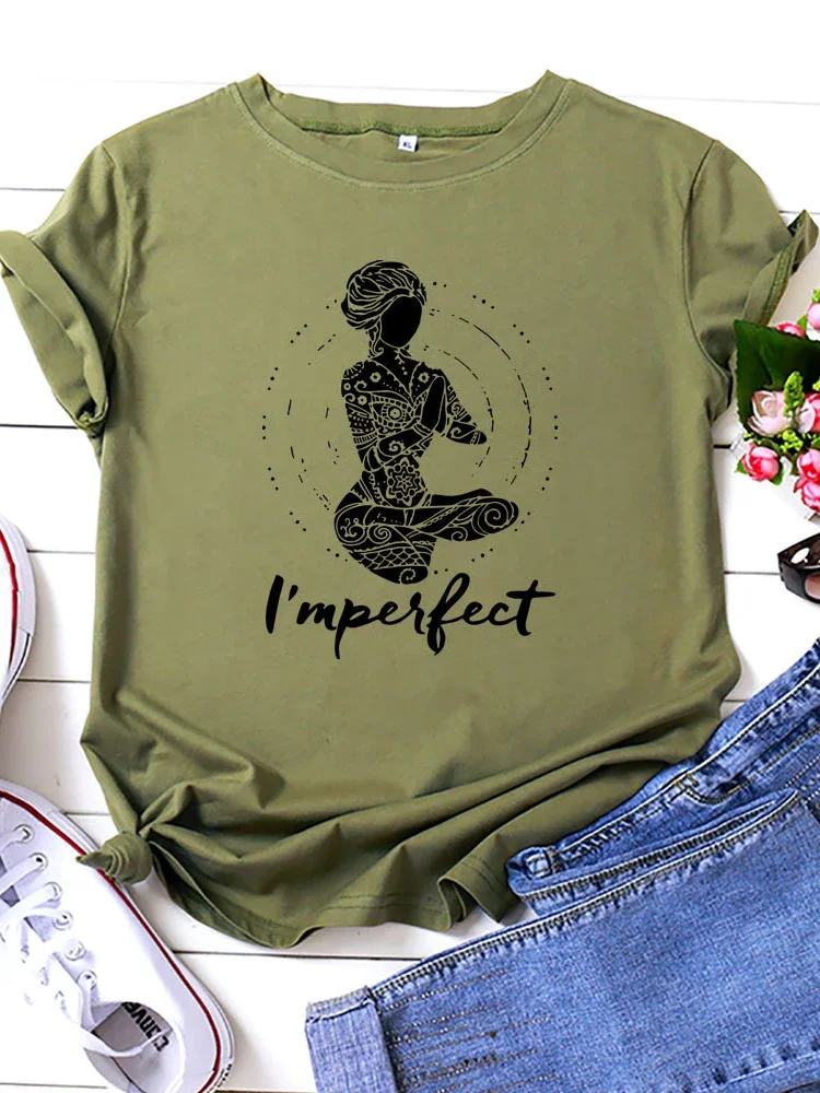 Eu sou perfeito yoga menina impressão t camisa das mulheres de manga curta o pescoço solto tshirt verão camiseta feminina topos camisas mujer