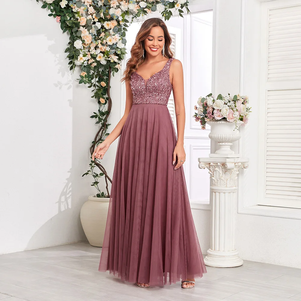 26 New Sequined Splicing Mesh Double V-neck Sleeveless Long Formal Evening Party Prom Dress