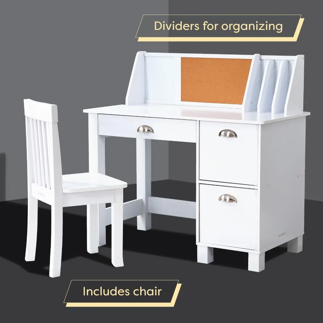Study Desk for Children with Chair, Bulletin Board and Cabinets, White