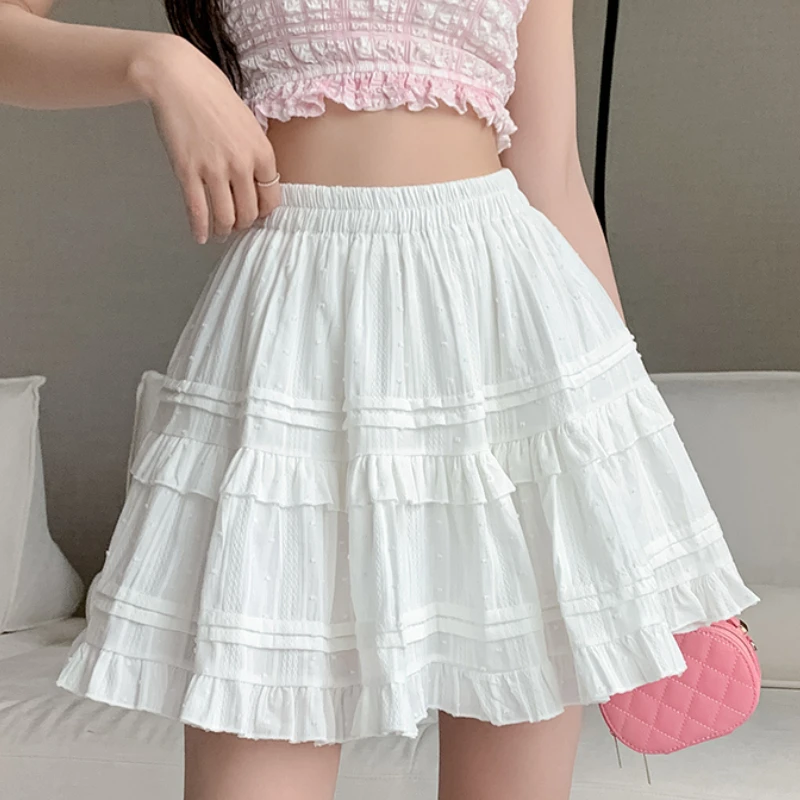 

Summer French Ruffles Folds Mini Skirt Girl Blending High Waist A Line Lace Mesh Skirt Cake Sweet Hot Short Jacquard Skirts