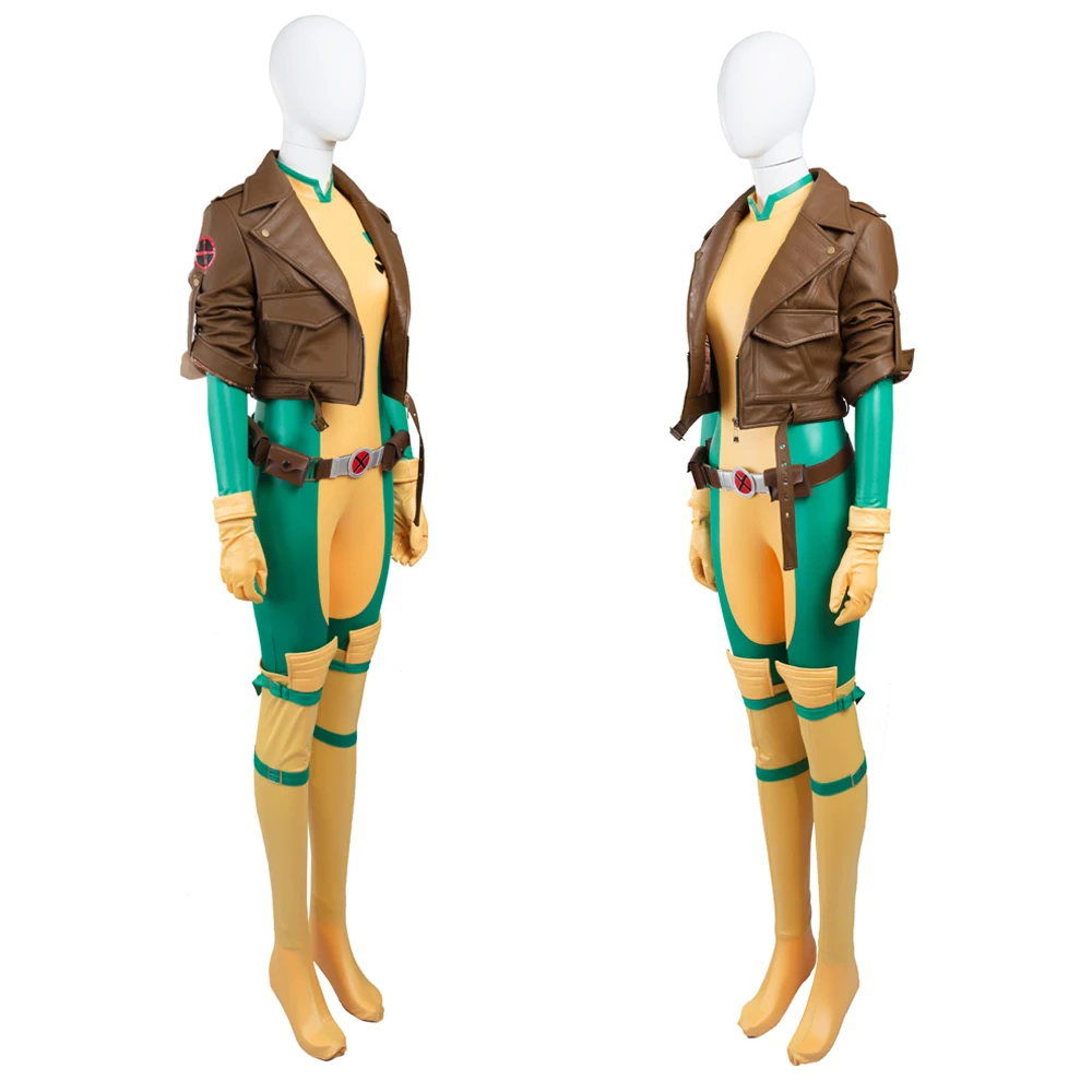 X-Traje de Cosplay de Superherói Rogue Mary masculino com casaco, macacão de couro, traje de batalha, roupas Halloween, Trajes de RPG