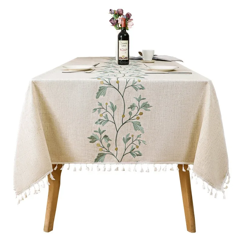 

Fabric imitation cotton and linen tablecloth embroidery light luxury high-grade coffee table cloth fringed waterproof