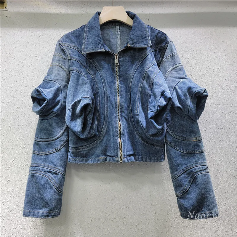 

2024 Fall Lapels Three-Dimensional Puff Sleeve Long Sleeve Niche Design Denim Coat Female Fashion Denim Jacket Personal Top