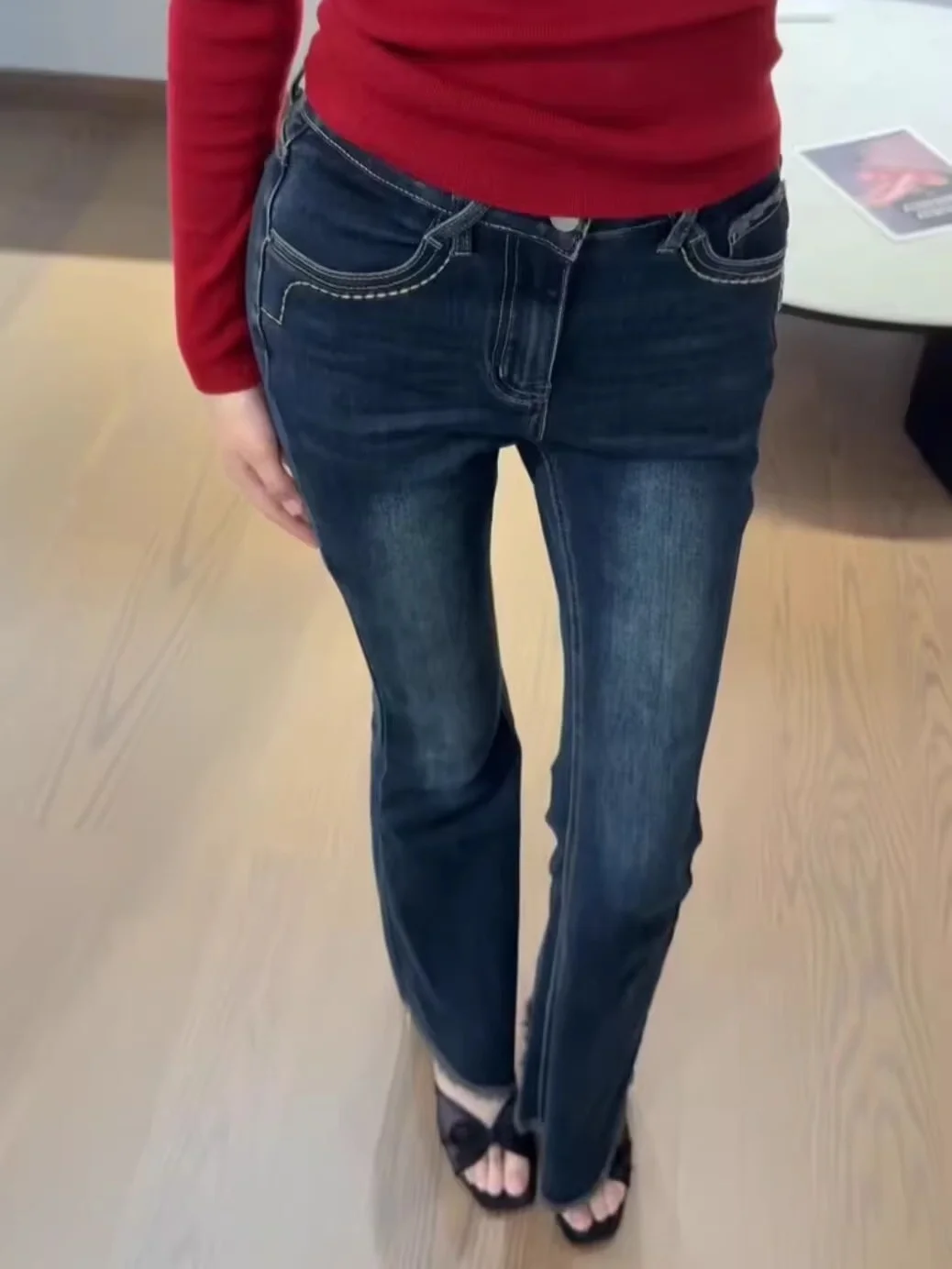 

Retro Deep Blue Frayed Hem Micro Flared Denim Jeans Women's High Waist Elastic Slimming Butt Lifting Versatile Bell Bot