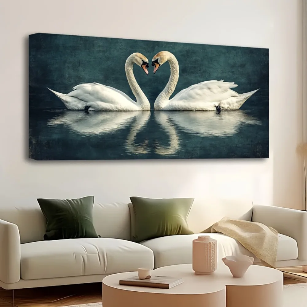 

1.5 inch thick pine frame, romantic canvas poster, elegant lakeside swan lovers painting, interior decoration