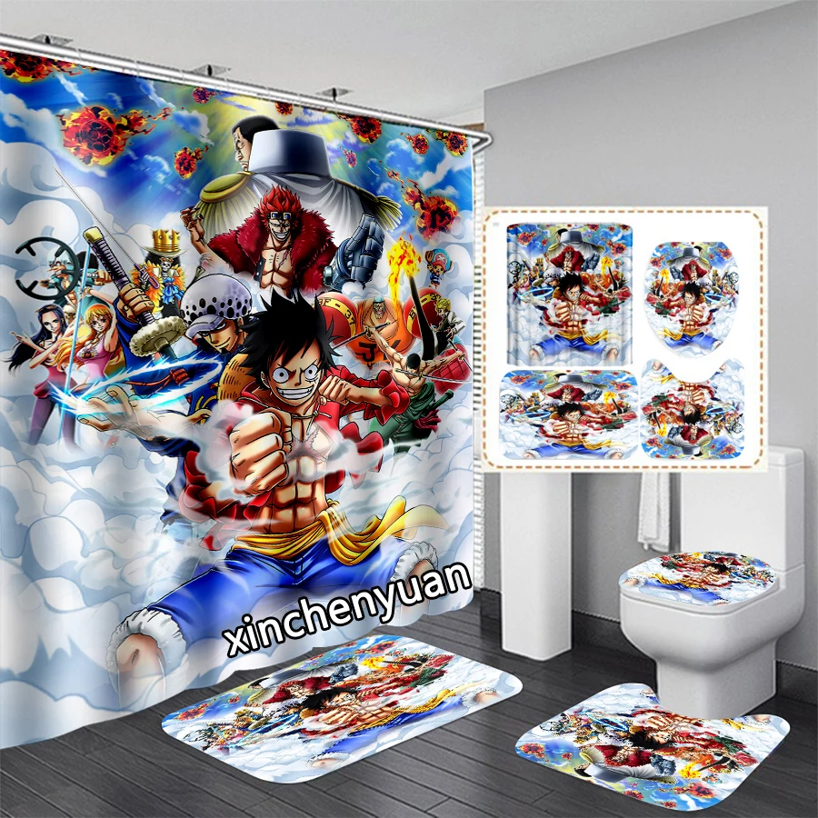 phechion Anime One Piece 3D Print Waterproof Bathroom Shower Curtain Toilet Cover Mat Non-Slip Floor Mat (1/3/4Pcs) W61