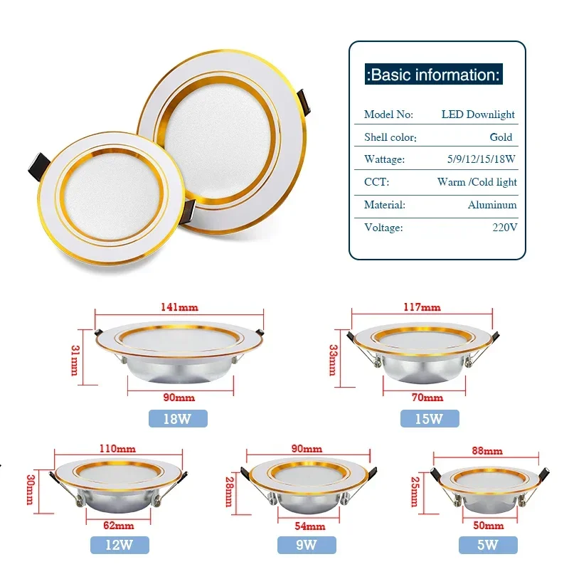 10pcs/lot Led Downlight 5W 9W Led Panel Light 12W 15W 18W Recessed Down Light Round Ceiling Light 220V Spotlight Indoor Lighting