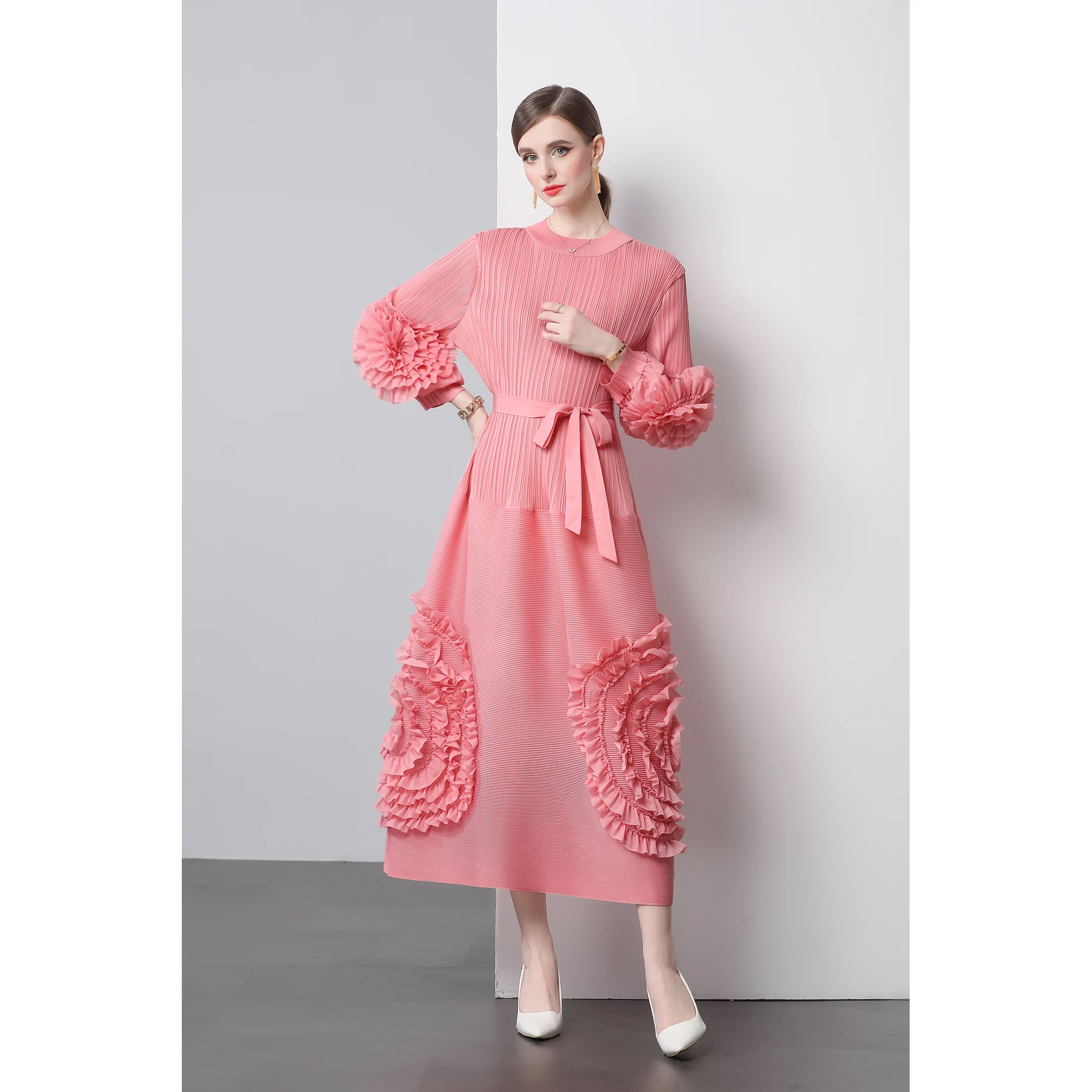 ZUO MAN RU-Jupe longue pliée pour femme, décoration florale 3D, à lacets, taille amincissante, robe longueur genou, automne, nouveau, 2024