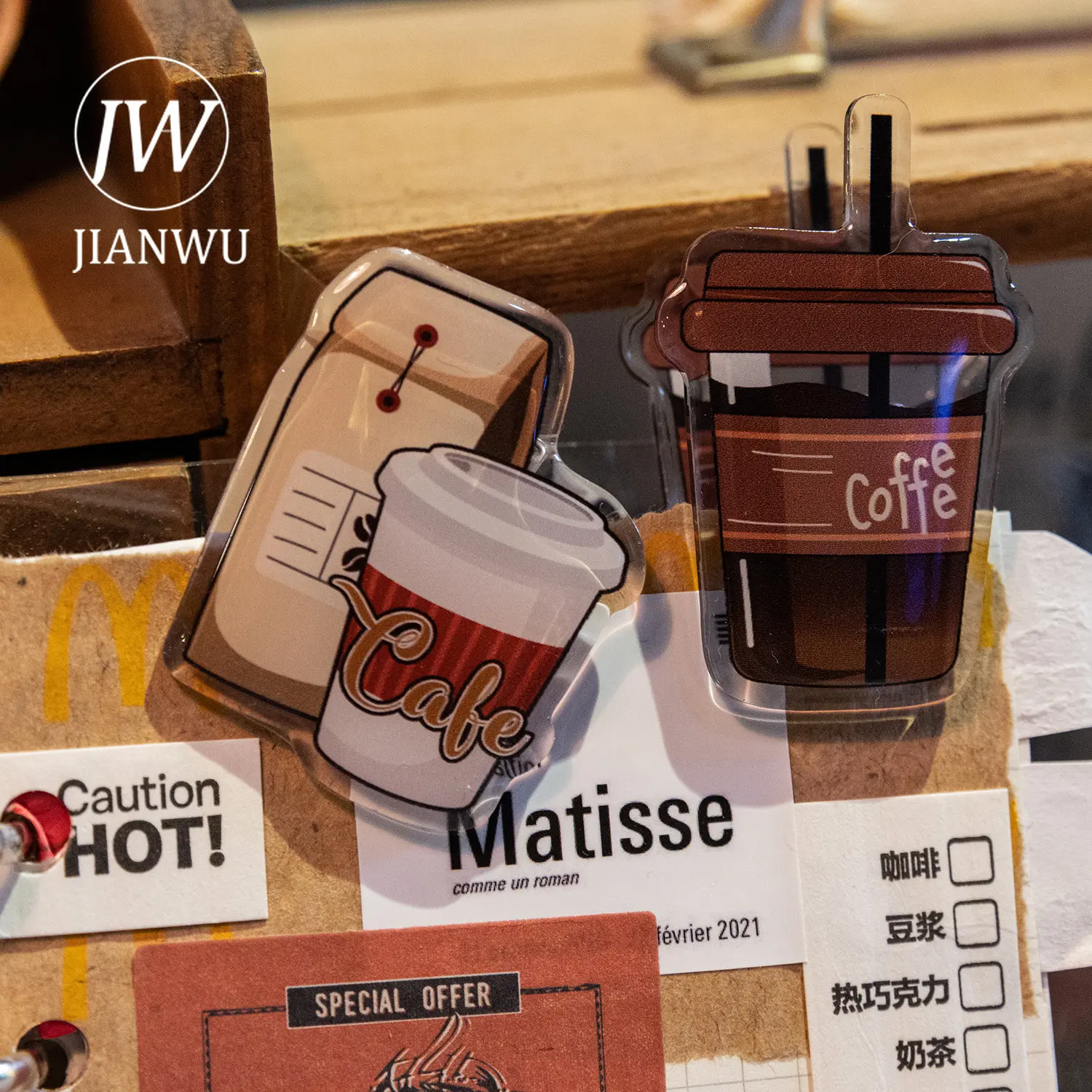 JIANWU 2 Pcs/set Coffee Old Time Series Vintage Coffee Theme Kawaii Acrylic Drop Adhesive Clip Creative DIY Decor Stationery