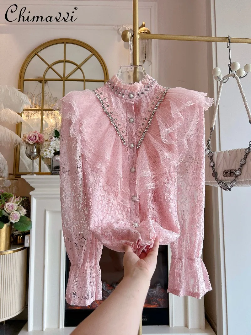 

Original Palace Style Elegant Pink Lace Blouse for Women 2025 Autumn Clothes New Sweet Girl Ruffled Heavy Beaded Shirts Tops