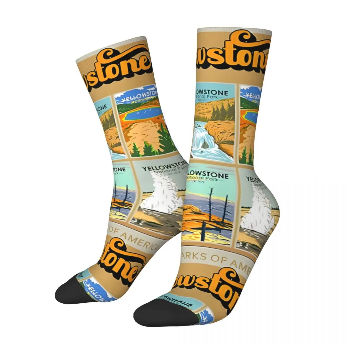 Funny National Park Landmark Collage Sock for Men Hip Hop Harajuku Yellowstone Happy Quality Pattern Printed Boys Crew Sock