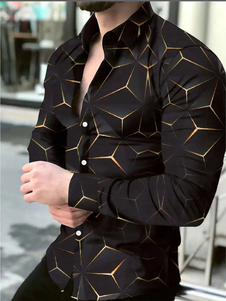 

Men's Black Long Sleeve Button-Down Shirt with Gold Geometric Print, Casual Party Wear