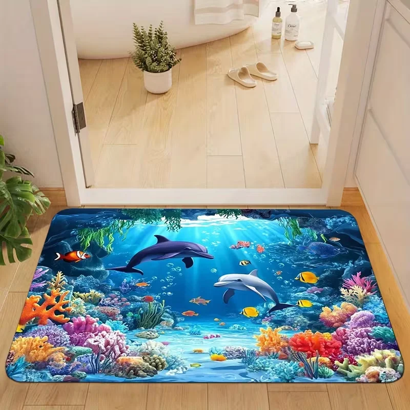 Underwater Dolphin Coral Reef Doormat Ocean Scene Print Non Slip Floor Mat For Entry Bedroom Home Decor