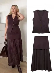 TRAFZA Women 2 Piece Set Chic V-Neck Sleeveless Button Knitted Vest Top+Splicing High Waist Side Zipper Ankle-Length Skirt TRAF