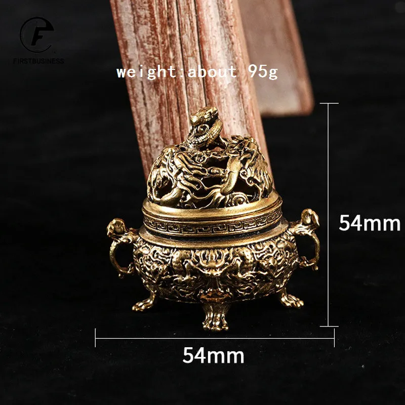 Antique Copper Tripod Incense Burner with Dragon Head Cover Brass Caldron Censer Chinese Pattern Incense Holder Home Desk Decor