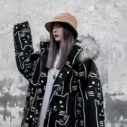 Big Wool Collar Cotton Padded Clothes Women Winter Fashion Cat Full Printed Jacket Medium Long Loose Winter Coat Men Or Femme