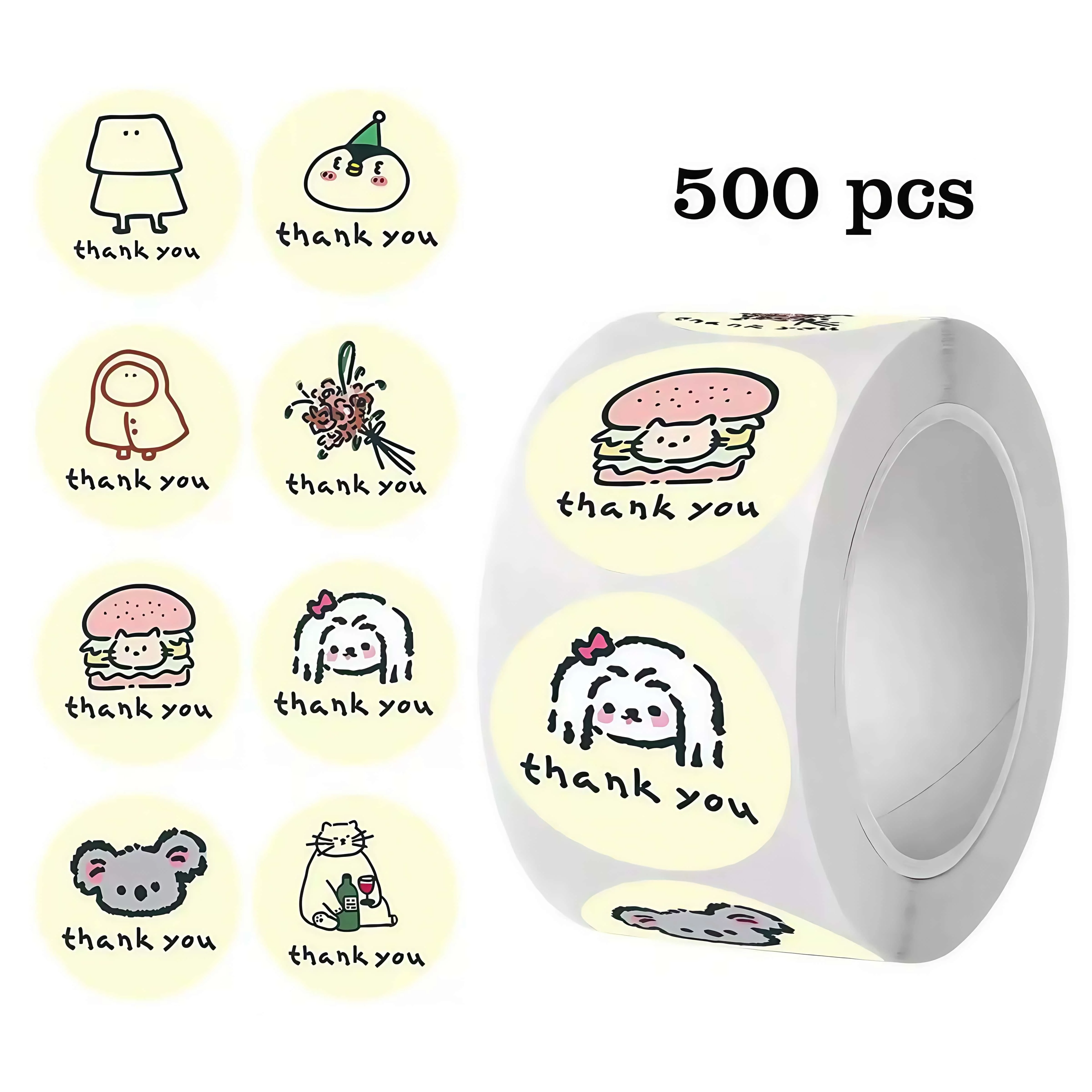 500 Pcs/Roll Cute Cartoon Thank You Stickers, Kawaii Animal Flower Pattern Labels for Gift Wrapping Craft Decor