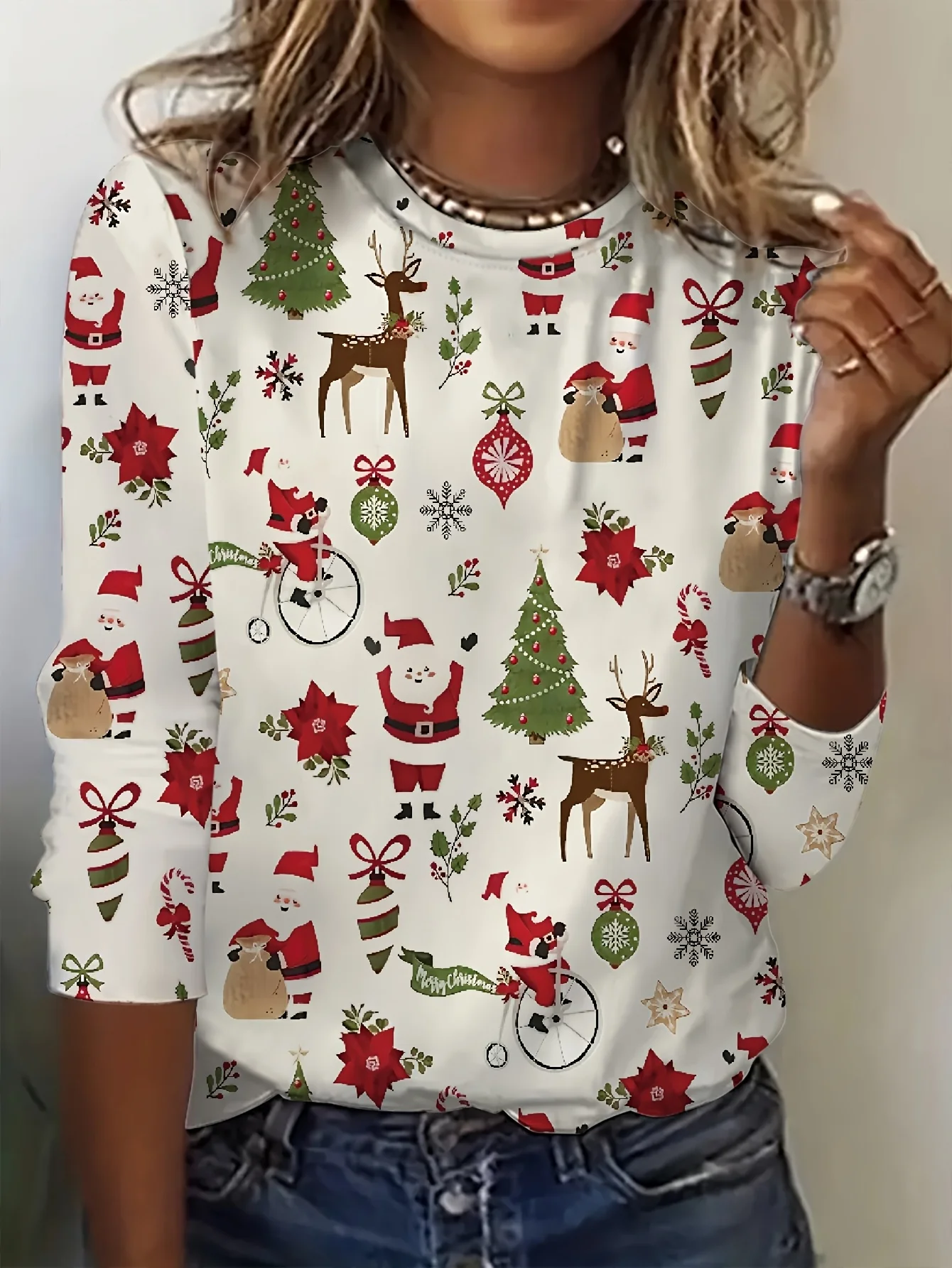 Women Round Neck Long Sleeve T‑Shirt Christmas Santa Reindeer Tree Full Print Festive Holiday Casual Party Top Women's Clothes