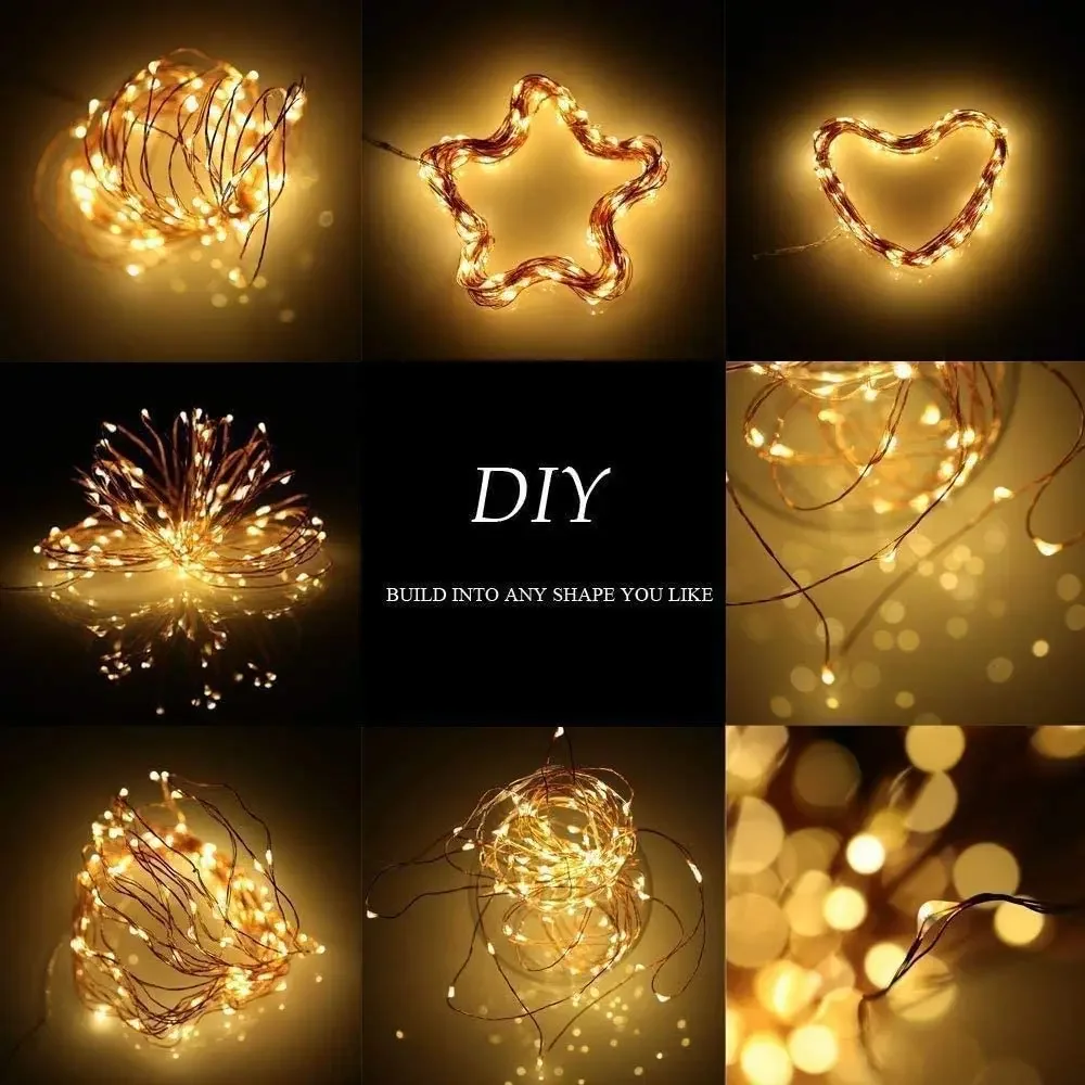 Fio de cobre LED Lights String, Guirlanda impermeável, Fairy Light, Natal, Decoração da festa de casamento, Iluminação do feriado, USB, Bateria, 5 m, 10m