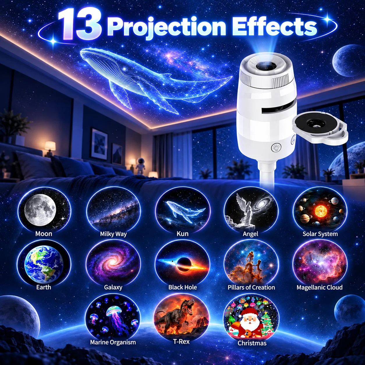 USB 2‑in‑1 Galaxy Star Projector Night Light, Flexible Gooseneck HD Focus Multi Scene Ambient Lamp for Bedroom Home Party Decor