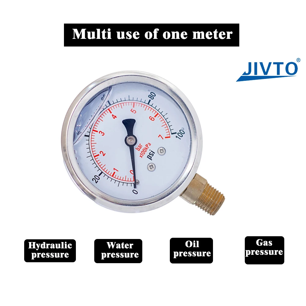 JIVTO mit Glyzerin gefülltes Compound-Manometer, 2 Zoll Durchmesser, 1/4 NPT, untere Montage, -30 Zoll Hg-30,30, 60,100,160, 200,300,600 psi und Bar – Detail 8