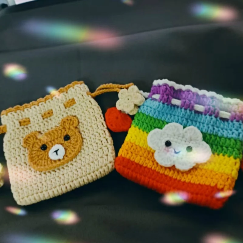 

2pcs/Hand woven cartoon key bag, teddy bear card bag, rainbow coin purse, cute headphone bag, Bluetooth bag, drawstring bag