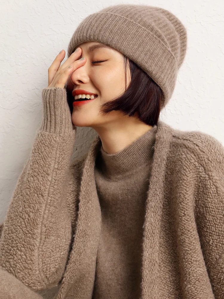 MEETCC женская шапка из 100% кашемира, осенне-зимняя мягкая модная шапка, теплая базовая кепка, шикарный вязаный головной убор премиум-класса, разноцветная шапка