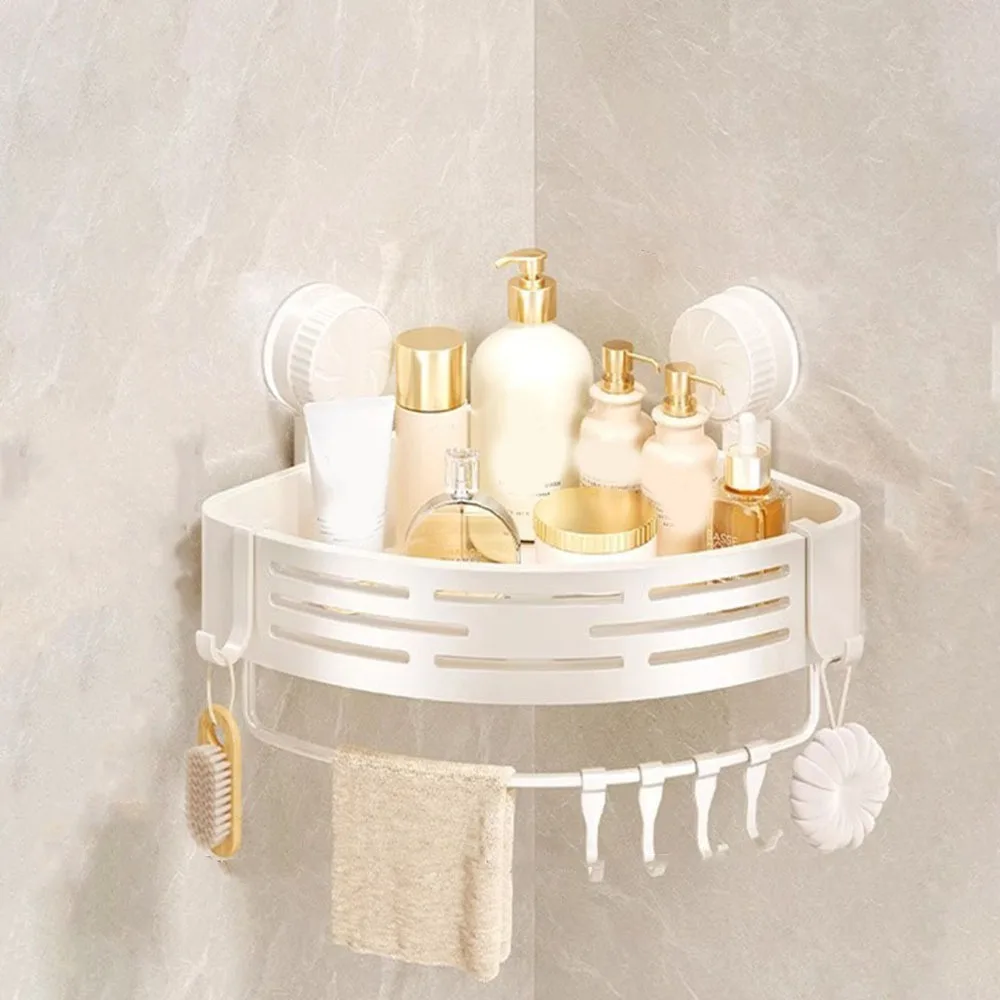 

Plastic Suction Cup Triangle Storage Rack Wall Mounted No Drilling Corner Storage Rack Space Saving Removable