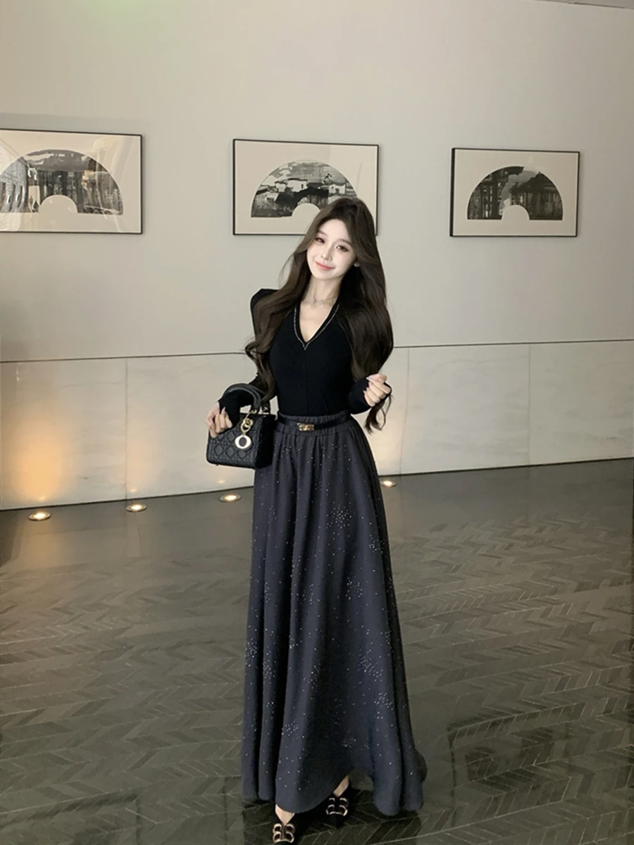 

Retro Sexy Luxury Heavy Drill Set V-Neck Top T-Shirt Umbrella Skirt Half Skirt Long Skirt Women Early Autumn Fashion Set