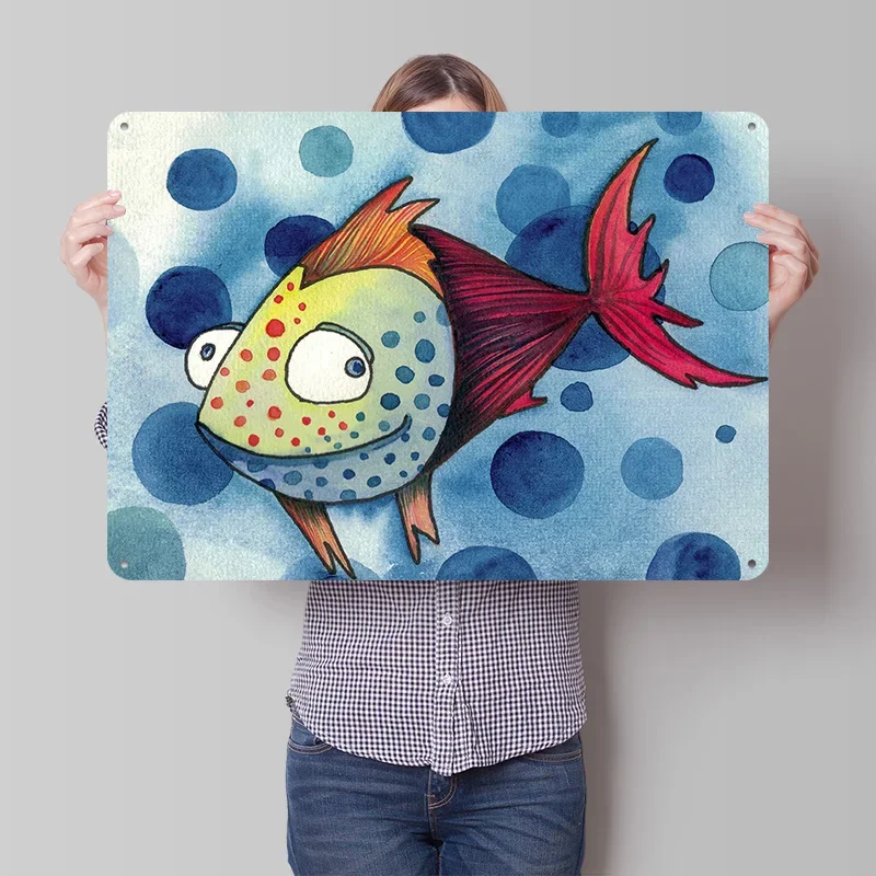 Crazy Fish 4 Personalized 3D Textured Metal Poster Wall Art Tinplate Sign for Bathroom Decor Room Wand Deko Bedroom Decoration