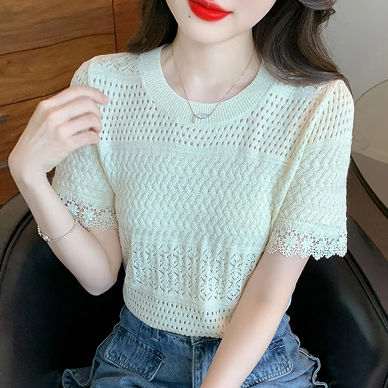 

Elegant Hollow Out Knitwear Summer Blouse 2023 Short Sleeve Women Knitted Shirts O Neck Casual Short Sleeve Tops Ladies 27562