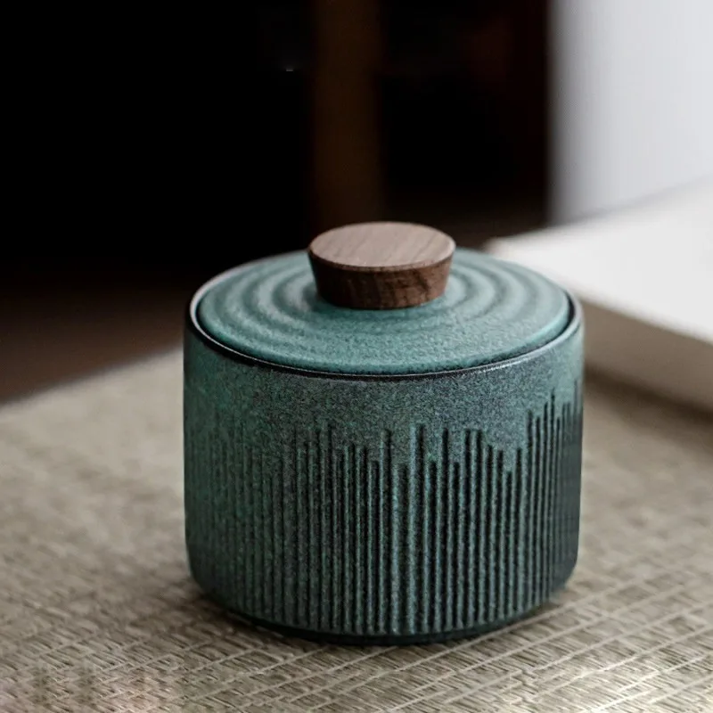 pet memorial Vintage Green Cylindrical Ceramic Pet Urn with Wood Lid Sealed Moisture-Proof Cremation Jar for Cats&Dogs
