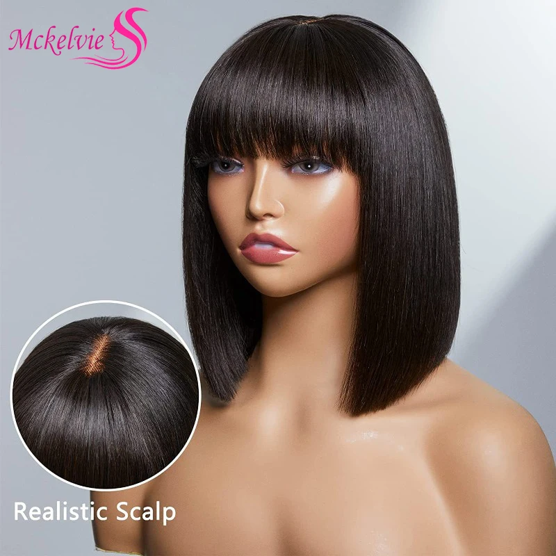 

Bob Blunt Bangs Short Straight Wigs Brazilian Human Hair For Black Women 4x2 Lace Closure 100% Real Remy Human Hair Wig Daily