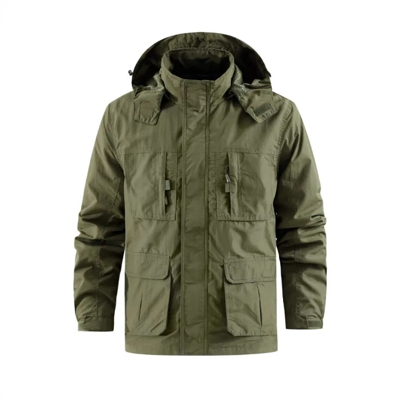 Spring Autumn Men Cargo Coat Loose Stand Collar Detachable Hooded Male Outerwear Long Sleeve Pocket Outdoor Casual Man Jacket
