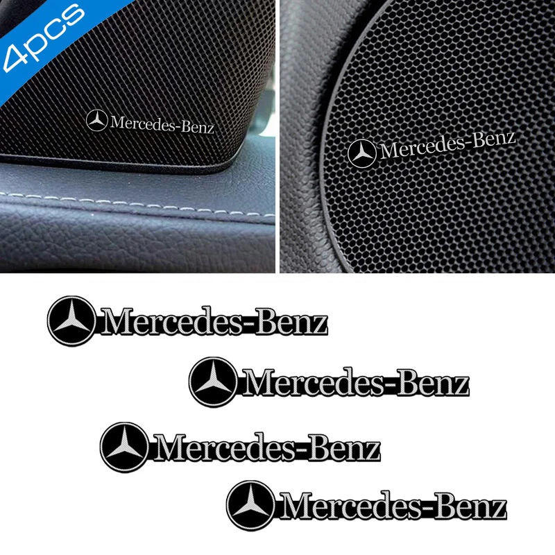 4 piezas de aluminio reproductor de música de coche pegatina emblema para Mercedes Benz W203 W204 W212 W210 GLA CLK ML A200 C200L E320 automotriz