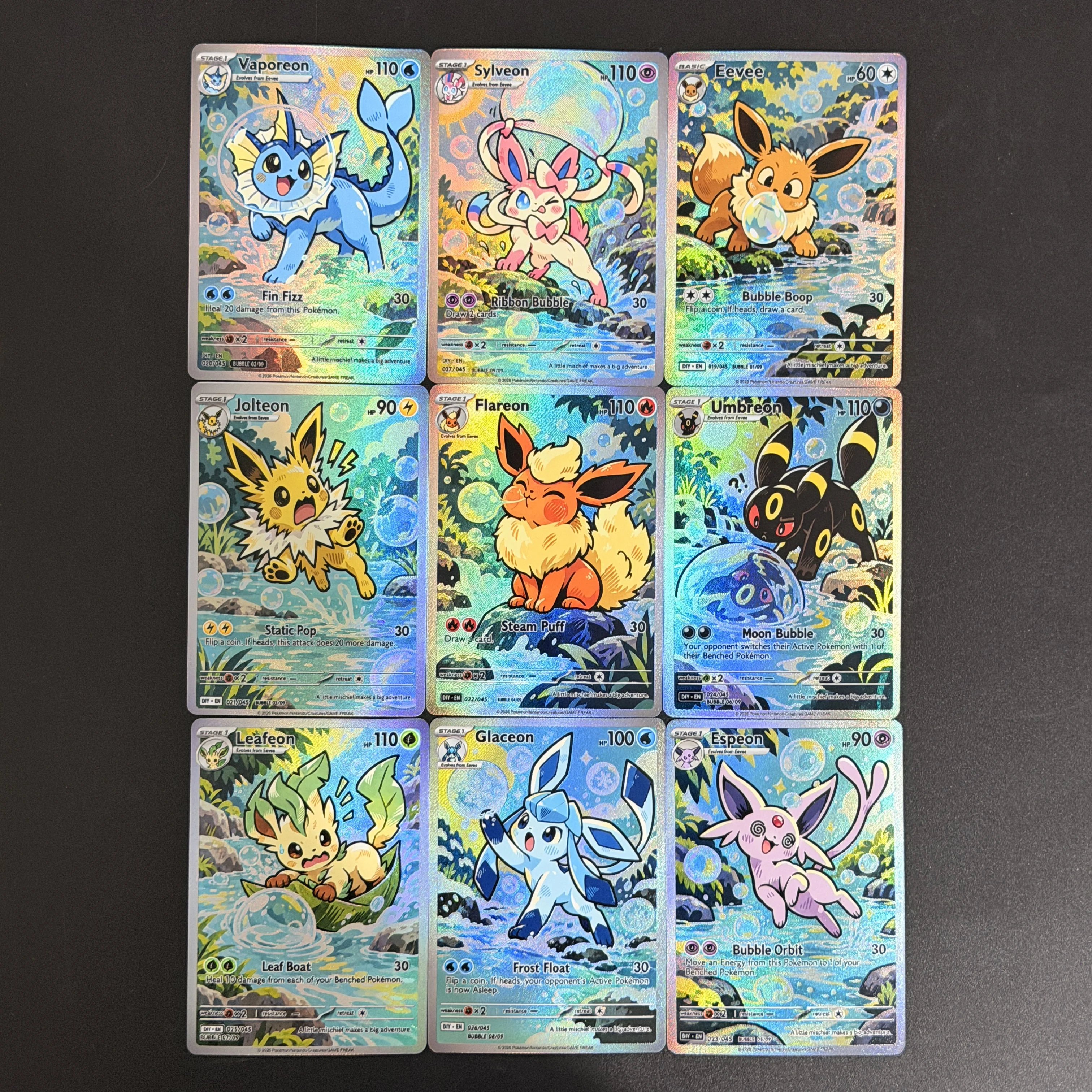Diy 9 style PKM kawaii English Eevee Vaporeon Flareon Espeon Umbreon Jolteon Leafeon Sylveon Collection Anime Flash Card