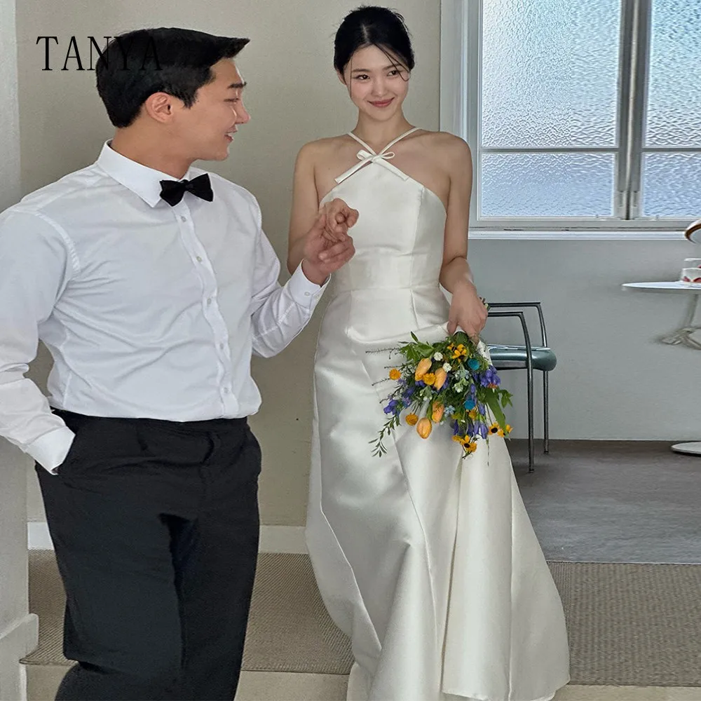 Vestido de novia de satén elegante para mujer, cuello Halter sin mangas, línea A, longitud hasta el suelo, sesión de fotos de boda coreana, vestido de novia Simple