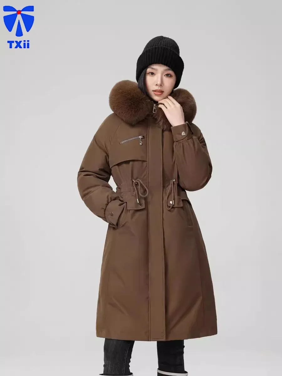 TXii Parker Women's 2024 Winter New Korean-style Hooded Knee-length Cotton-padded Jacket fleece-lined Thickened plus size Jacket