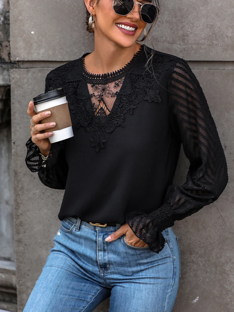 Lace Women\'s Blouse Mesh Long Sleeve Tops Elegant Black Shirts & Blouses Round Neck Pulovers Youthful Clothes For Women 2024