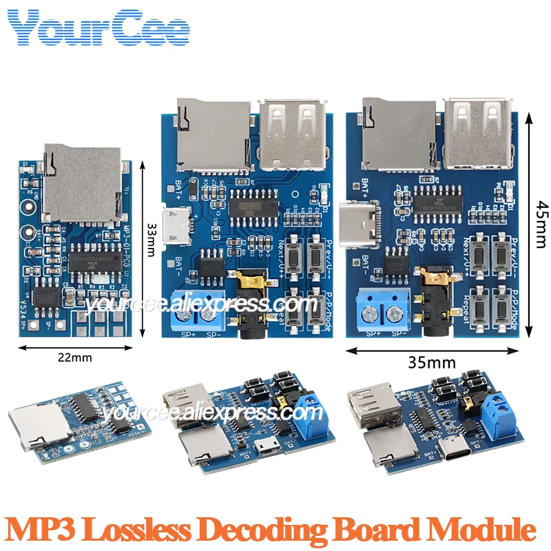 2pcs/1pc USB Player Module MP3 Lossless Decoder Decoding Board Audio Voice Power Amplifier Type-C Interface DC 3.7-5.5V 2W