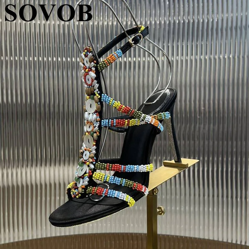 

Summer Colorful Beaded Slim Heel Sandals Women's Round toe Narrow Band Hollow out Fashion elegant Sandalias Party Dress Shoes