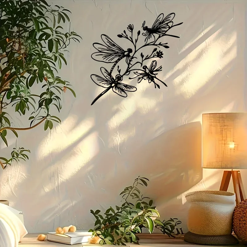【2D Flat】Three Dragonflies Plant Branch Metal Wall Art – Nature Line Design for Living Room, Patio, Garden & Sunroom