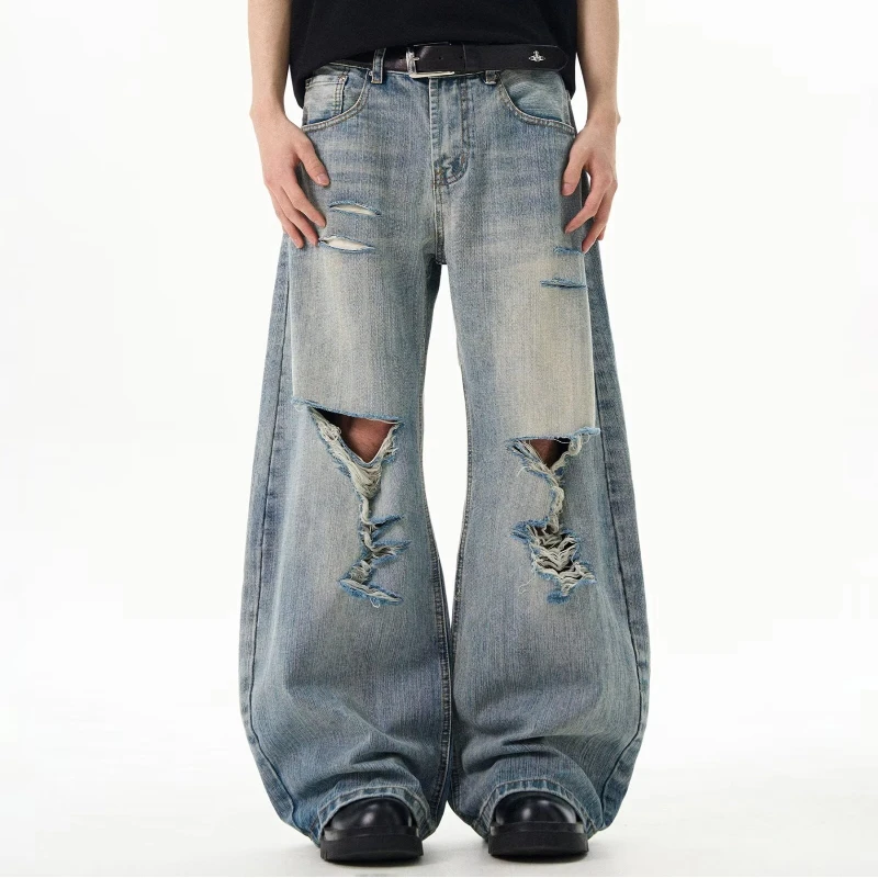 

Ripped Old Jeans Men's Loose Straight Slimming and Drooping Long Trousers Trendy Man Jackets Japanese 2000s Y2k Clothes Shorts