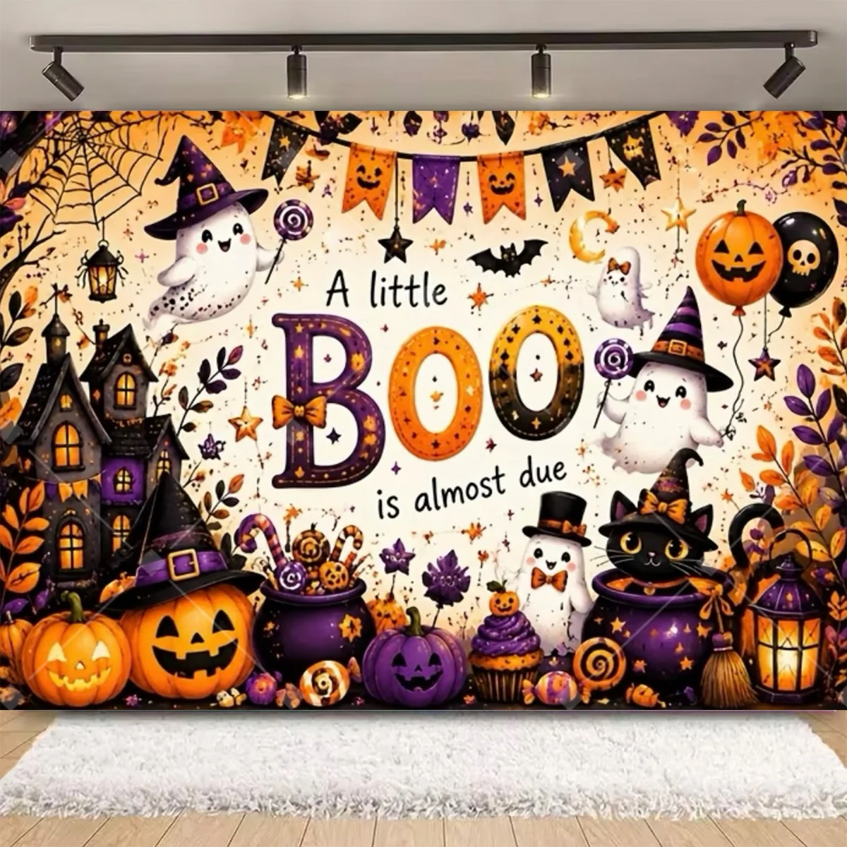 A Little Boo Is Almost Due Cute Ghost Pumpkin Bat Witch Castle Photo Background Halloween Theme Newborn Baby Party Wall Decor 4