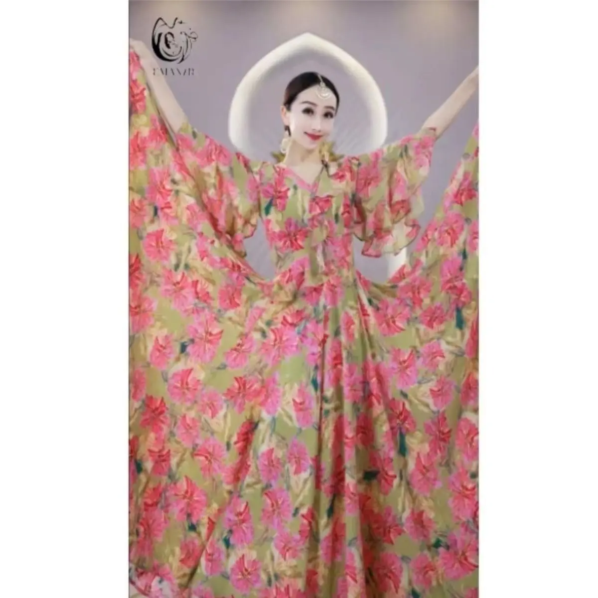 A2521 Yiman Exotic Style Xinjiang Dance Summer Performance Indian Dance Print Slimming Large Swing Dress for Women