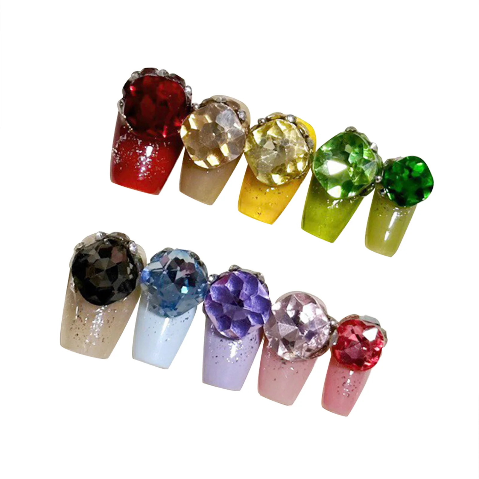 Handmade False Nails with Colorful Rhinestone Natural Unbreakable Nail Simple Wear for Stage Performance Wear