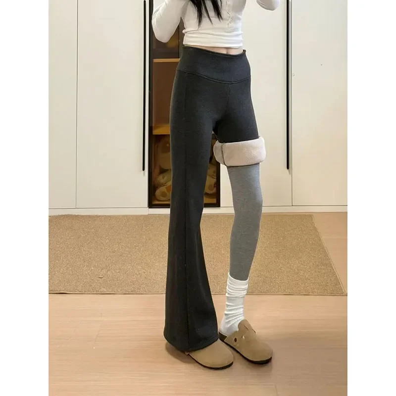 Autumn Winter  High Waist Plush Yoga Pants for Women Slim Fit Thicken Fleece Warm Flares Pants Korean Fashion Wide Leg Trousers